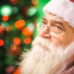 a close up of a person wearing a santa hat